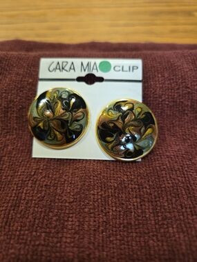 VTG 80s 90s Cara Mia Clip On Earrings Enamel Gold Black Swirl Geometric Retro